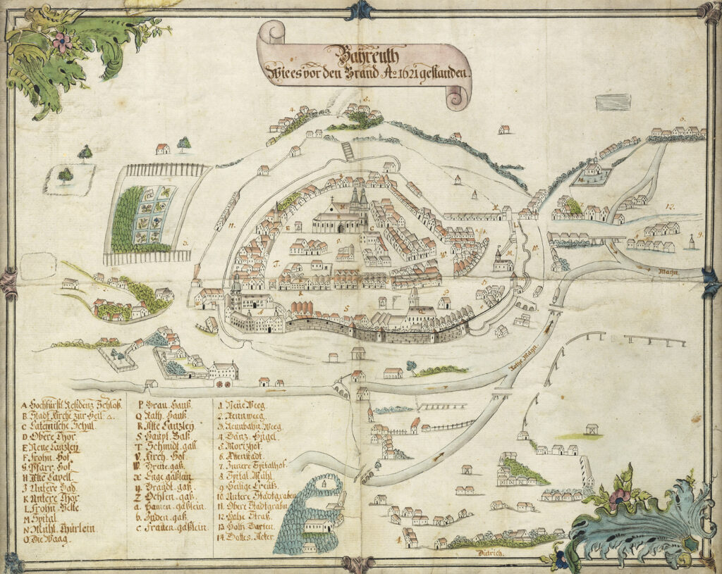 Stadtplan „Bayreuth, wie es vor dem Brand (anno domini) 1621 gestanden“, um 1780, Federzeichnung